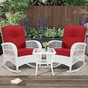 Outdoor Wicker Rocking Chair Trio with Cushions and Glass Coffee Table Patio Set