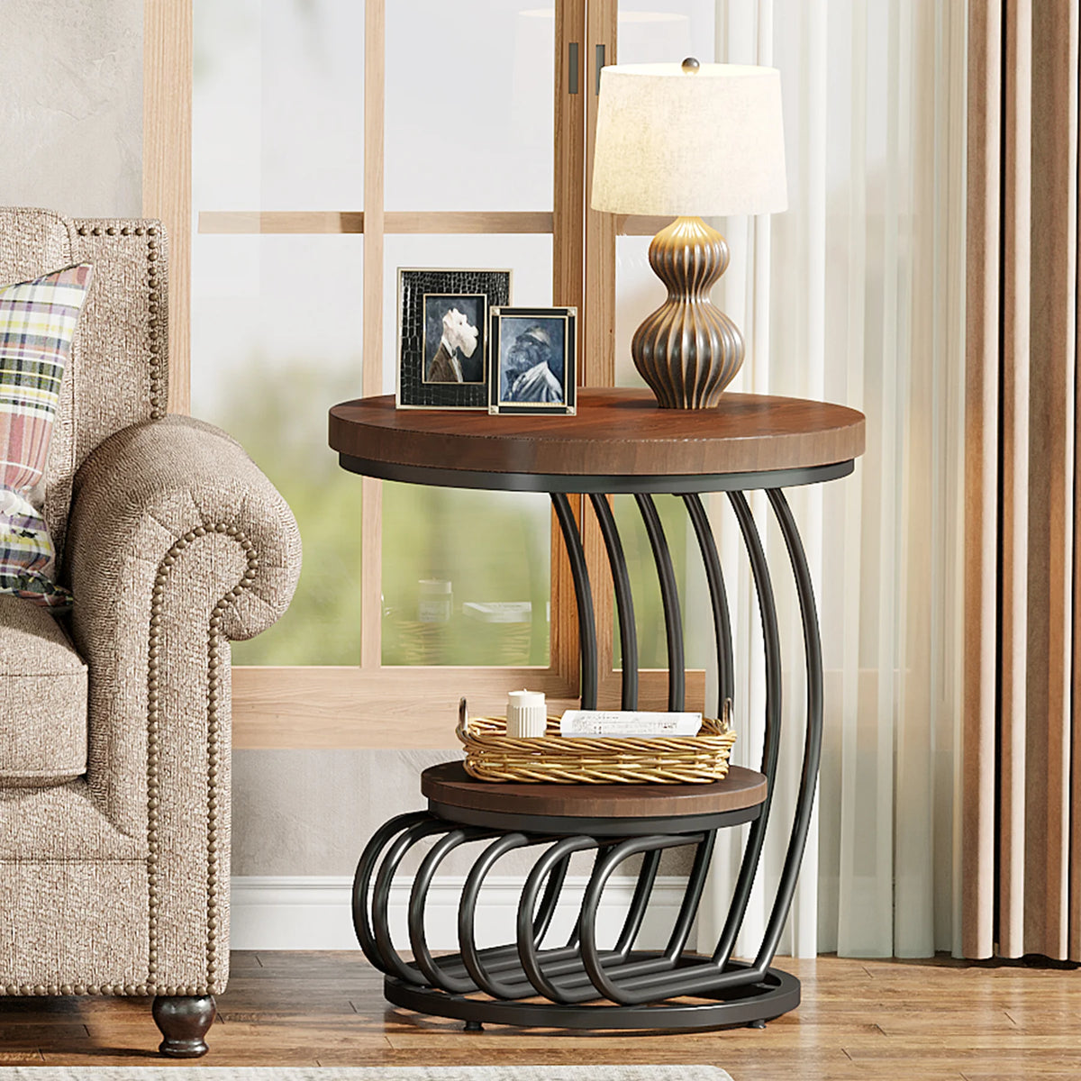 Tribesigns Gold Round End Table: 2 Tiers Faux Marble Side Table with Storage Shelf, Modern White Gold Bedside Nightstand