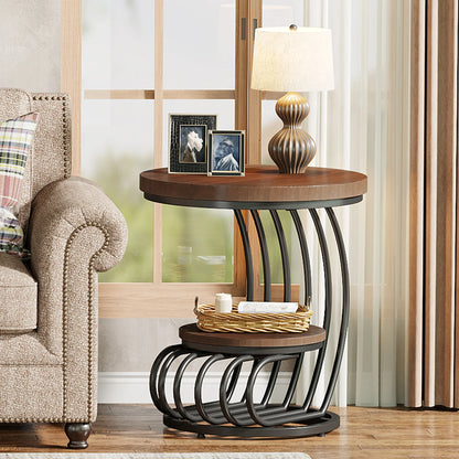 Tribesigns Gold Round End Table: 2 Tiers Faux Marble Side Table with Storage Shelf, Modern White Gold Bedside Nightstand