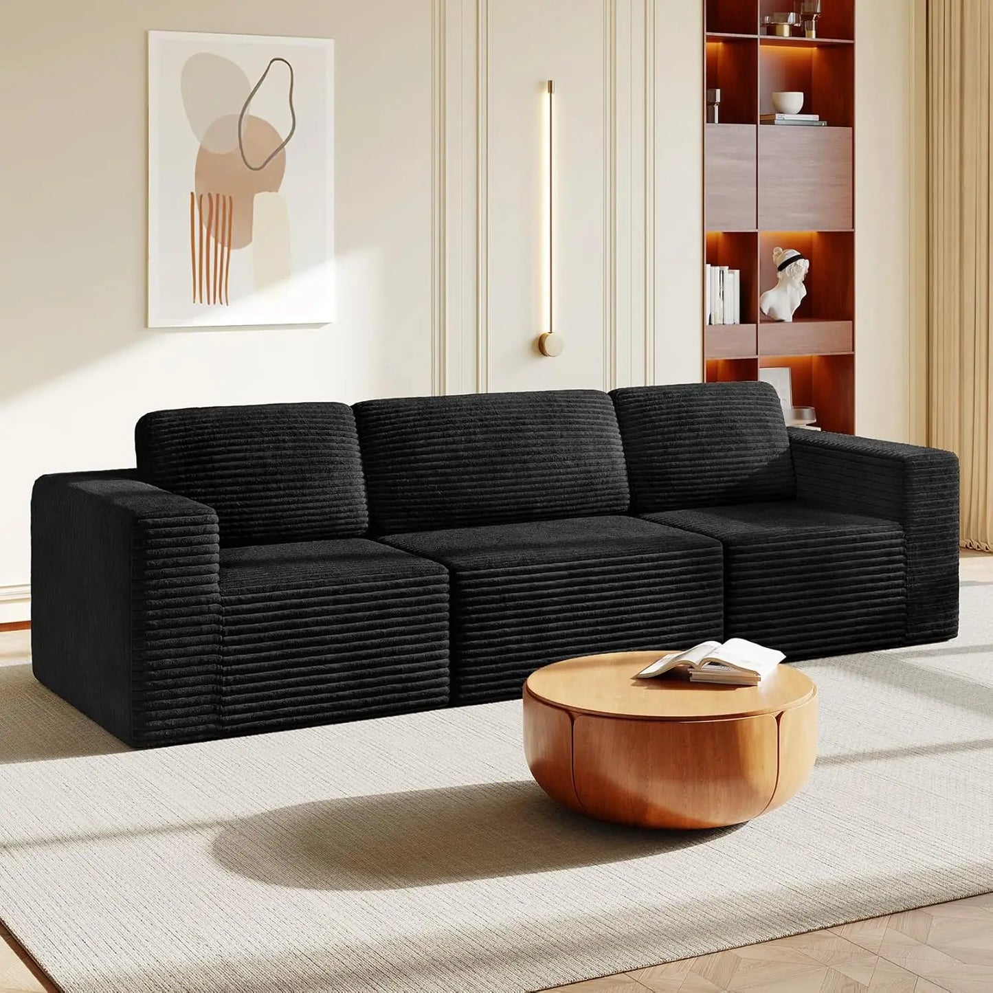 97" L-Shape Modular Sofa, 3-Seat Corduroy Couch with Movable Ottoman, Sectional Sofa for Living Room, Green, Customized