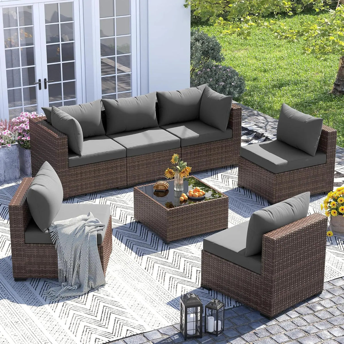 Furniture Set, 7 Piece Sectional Sofas with Wicker Coffee Table, Conversation for Garden, Backyard, Dark Grey, Customized