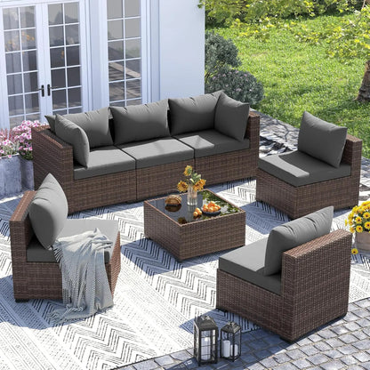 Furniture Set, 7 Piece Sectional Sofas with Wicker Coffee Table, Conversation for Garden, Backyard, Dark Grey, Customized