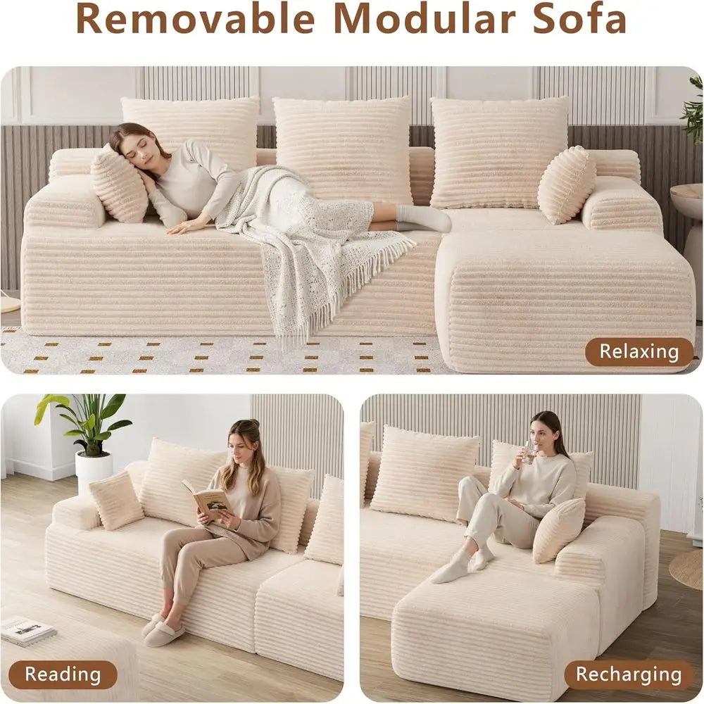 Boneless Couch, Cloud Couch Sectional, 106" L-Shape Modular Sectional Sofa with Ottoman, Corduroy Sofa for Living Room, Bedroom