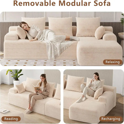 Boneless Couch, Cloud Couch Sectional, 106" L-Shape Modular Sectional Sofa with Ottoman, Corduroy Sofa for Living Room, Bedroom