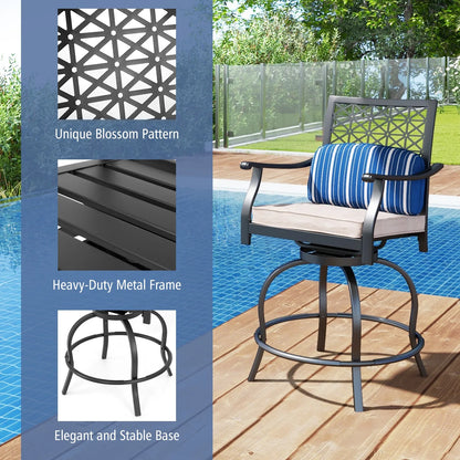 Set of 2 Patio Swivel Bar Stool Chairs Cushioned Pillow Armrest Rocking