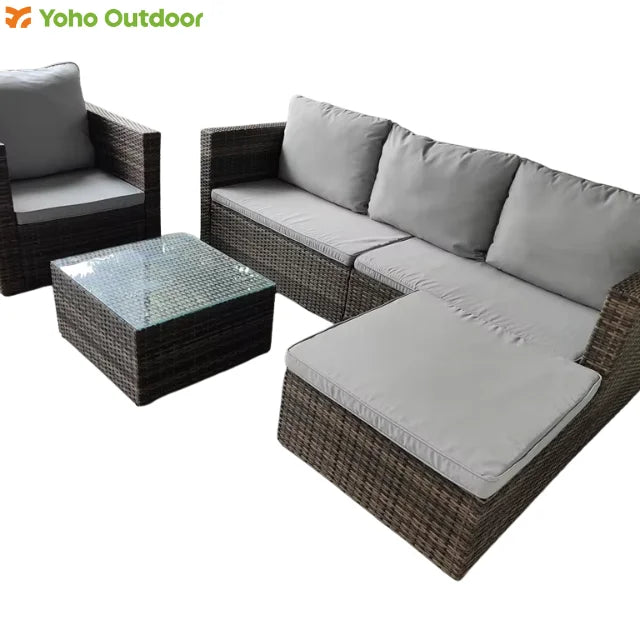 Modern Design Garden Rattan Patio Wicker L Shape Corner Sofa Set with Single Sofa Chair Exterior Pe Rattan Outdoor Sofa