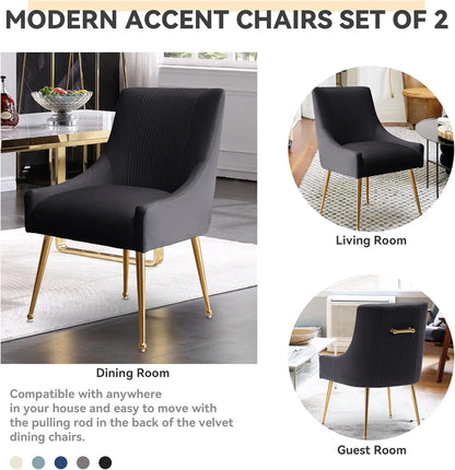 Modern Velvet Dining Chairs Set of 2 with Gold Legs, Tufted Black Upholstered Chairs for Living Room, Study, Reception