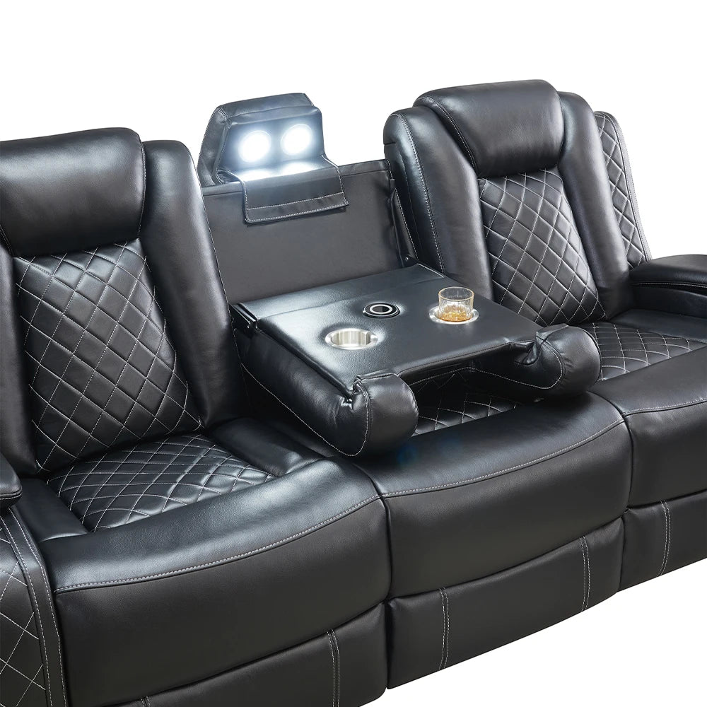 Power Reclining Sofa Couch with Wireless Charger 3 Seaters Recliner  Reading Light Leather Bluetooth Speaker Theater Seating LED