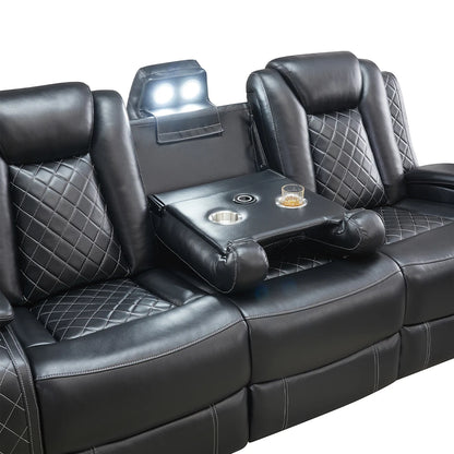 Power Reclining Sofa Couch with Wireless Charger 3 Seaters Recliner  Reading Light Leather Bluetooth Speaker Theater Seating LED