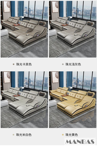 Linlamlim Luxury Genuine Leather Sectional Sofa with Adjustable Headrests, Projector, Speaker and Storage for Living Room Couch