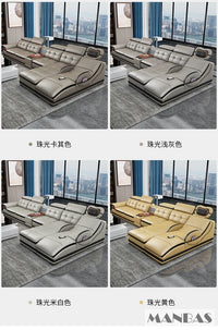 Linlamlim Luxury Genuine Leather Sectional Sofa with Adjustable Headrests, Projector, Speaker and Storage for Living Room Couch