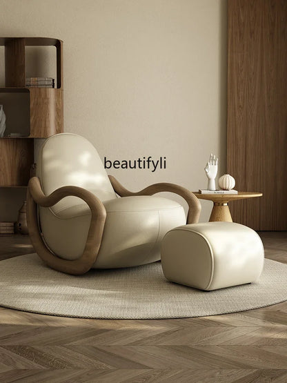 Household balcony leisure chair sofa solid wood rocking chair Chinese lazy sofa recliner environmentally friendly leather