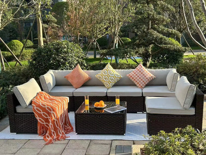 Aluminum Patio Furniture Modern Outdoor Sofa Rattan Garden Sofa with Storage Coffee Table (Grey)