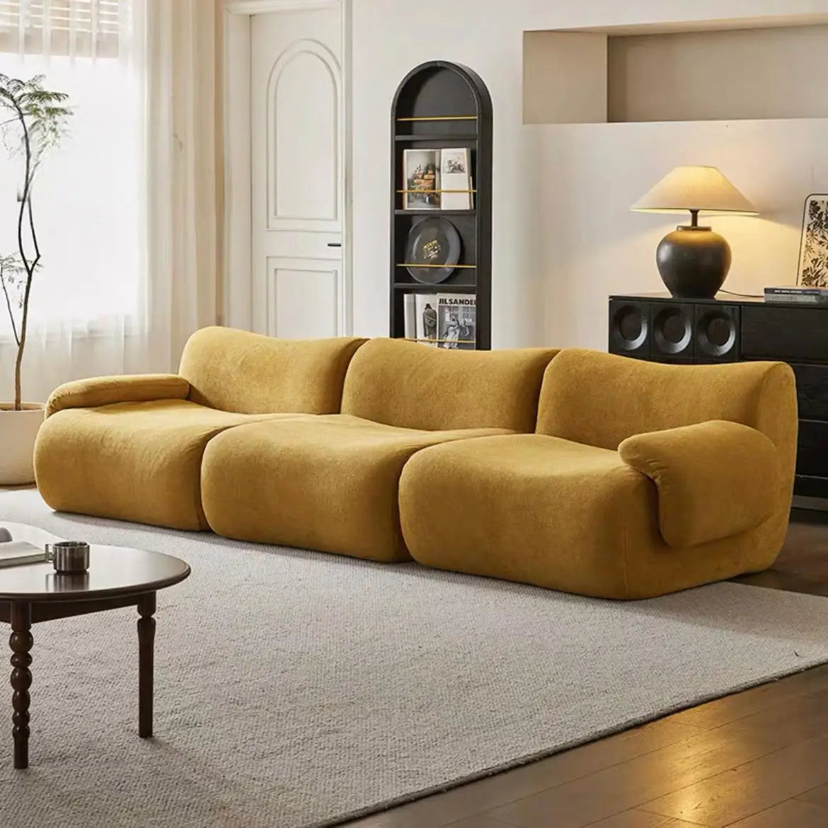 Vacuum-Compressed Modular Sofa, Wabi-Sabi Sherpa Fabric Sectional with High-Elastic Foam, Cream Mid-Century Style, Space Saving