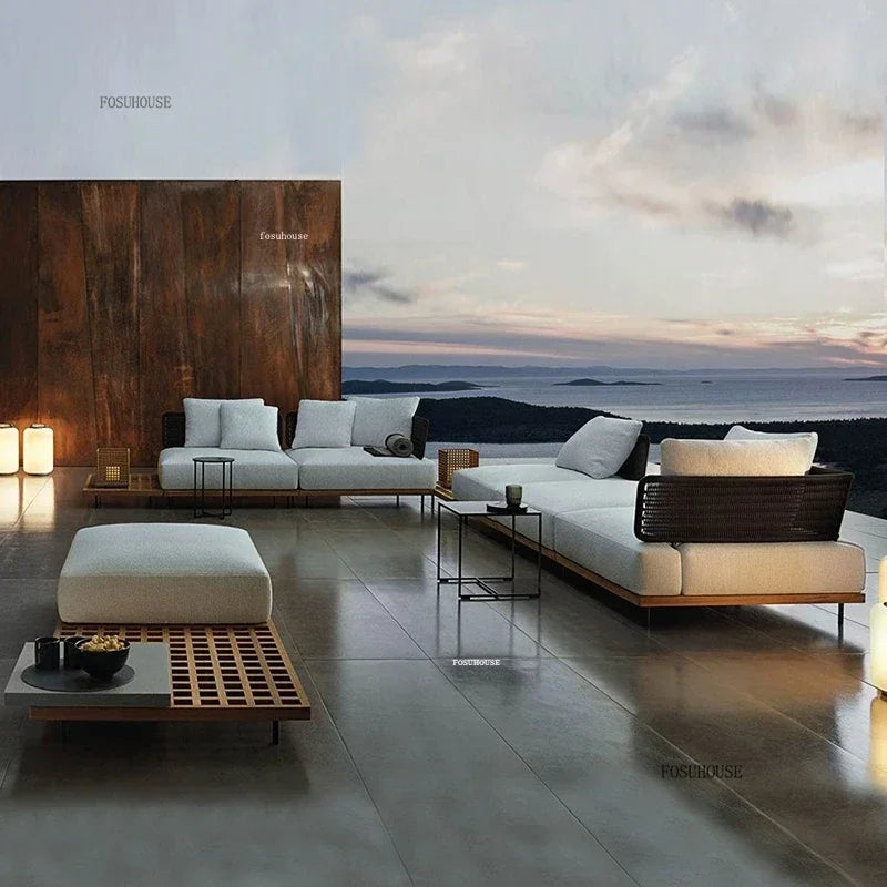 Solid Wood Rattan Sofa Home Leisure Patio Furniture B&B Villa Nordic Sofa Chair Combination Luxury Outdoor Garden Furniture Sets