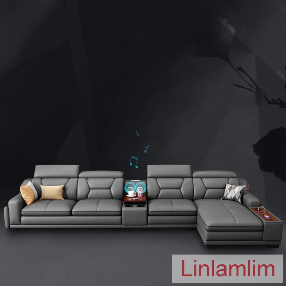 Beautify Your Living Room with Linlamlim Italian Genuine Leather Sofa - Bluetooth Speaker, Adjustable Headrests and USB Charging