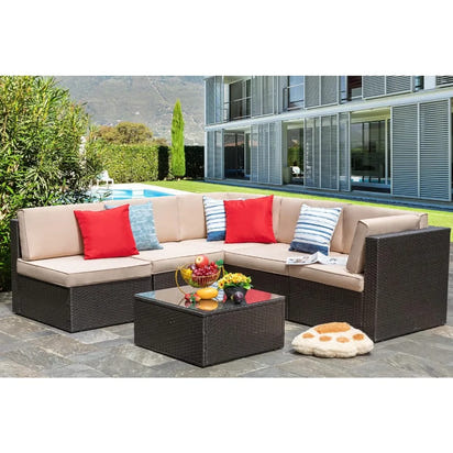 6 Piece Patio Furniture Set, Small Outdoor Sectional Sofa Couch, All Weather PE Wicker L-Shaped Corner Patio Sofa Garden Backya