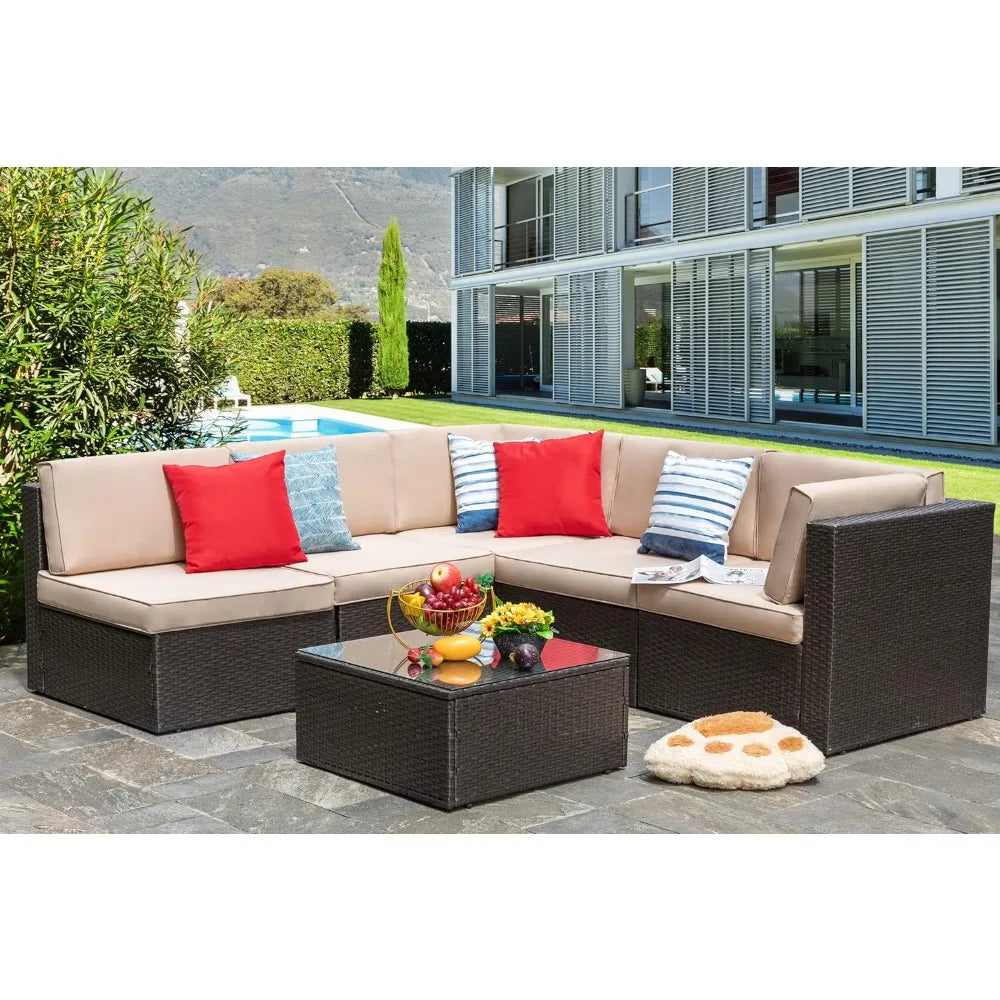 6 Piece Patio Furniture Set, Small Outdoor Sectional Sofa Couch, All Weather PE Wicker L-Shaped Corner Patio Sofa Garden Backya