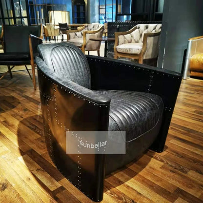 American Vintage Distressed Leather Armchair Hotel Sofa Accent Chair Aluminium Armrest Loft Aviation Chairs Aviation Furniture