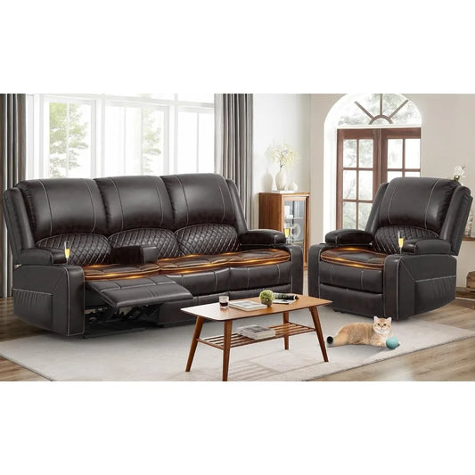 3 seater recliner sofa set with 2-tier cushion, 3+1 pieces in living room, 3 seater reclining couch leather with removable conso