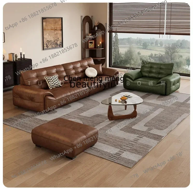 A182 C Oil wax leather sofa first layer cowhide retro living room straight row high backrest