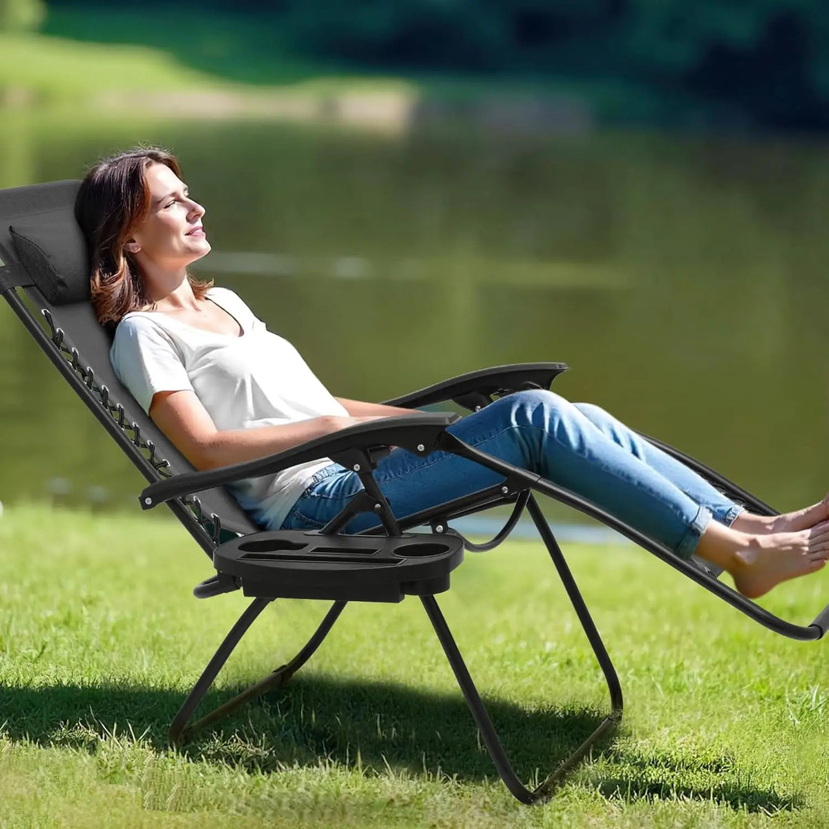 Zero Gravity Lounge Chair with Adjustable Pillow & Cup Holder, Reclining Outdoor Camping Chair for Beach Garden Patio - Black