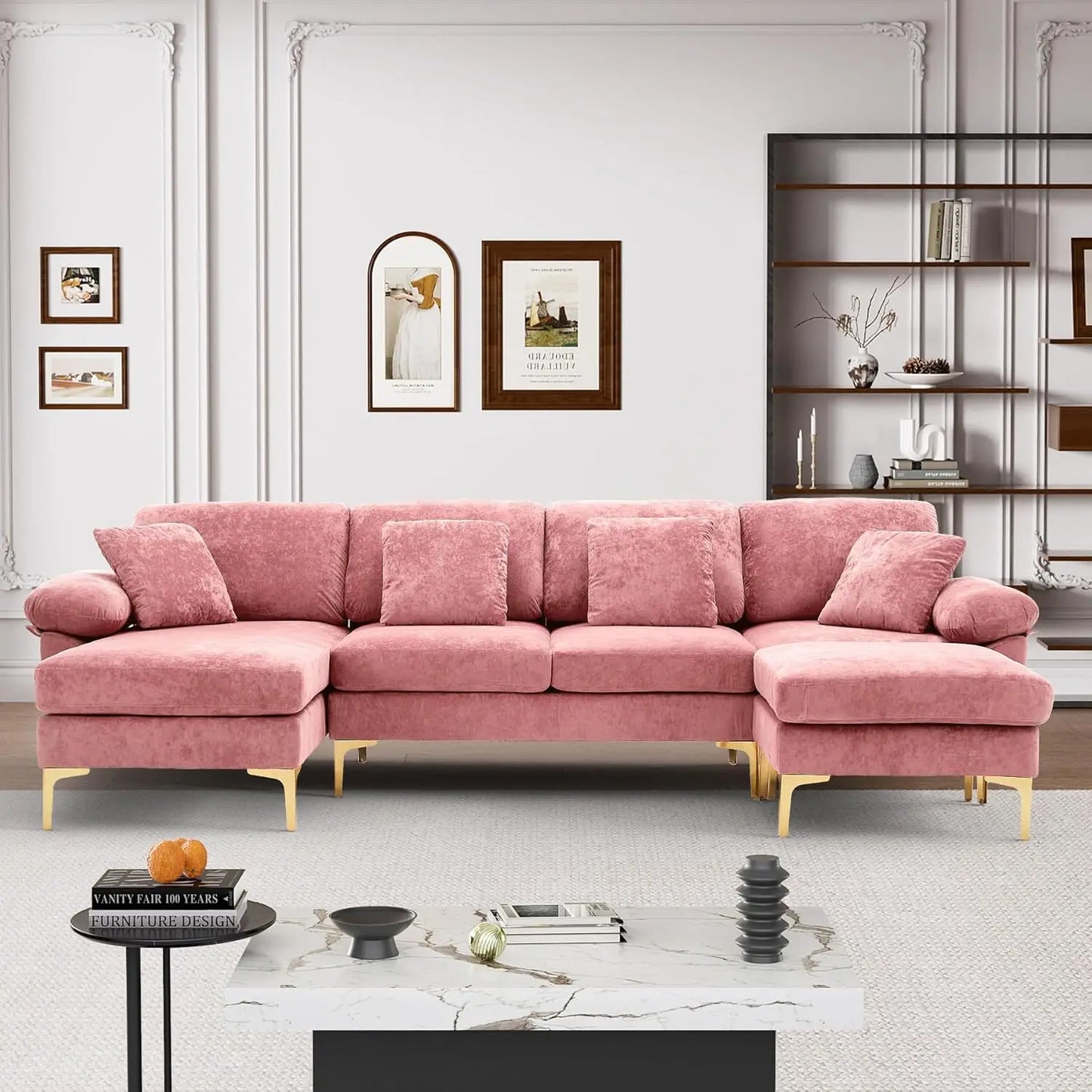 U-Shaped Sectional Sofa 114" Convertible L-Shape Chaise Ottoman Modular 4-Seat Sleeper Velvet Living Office Customized