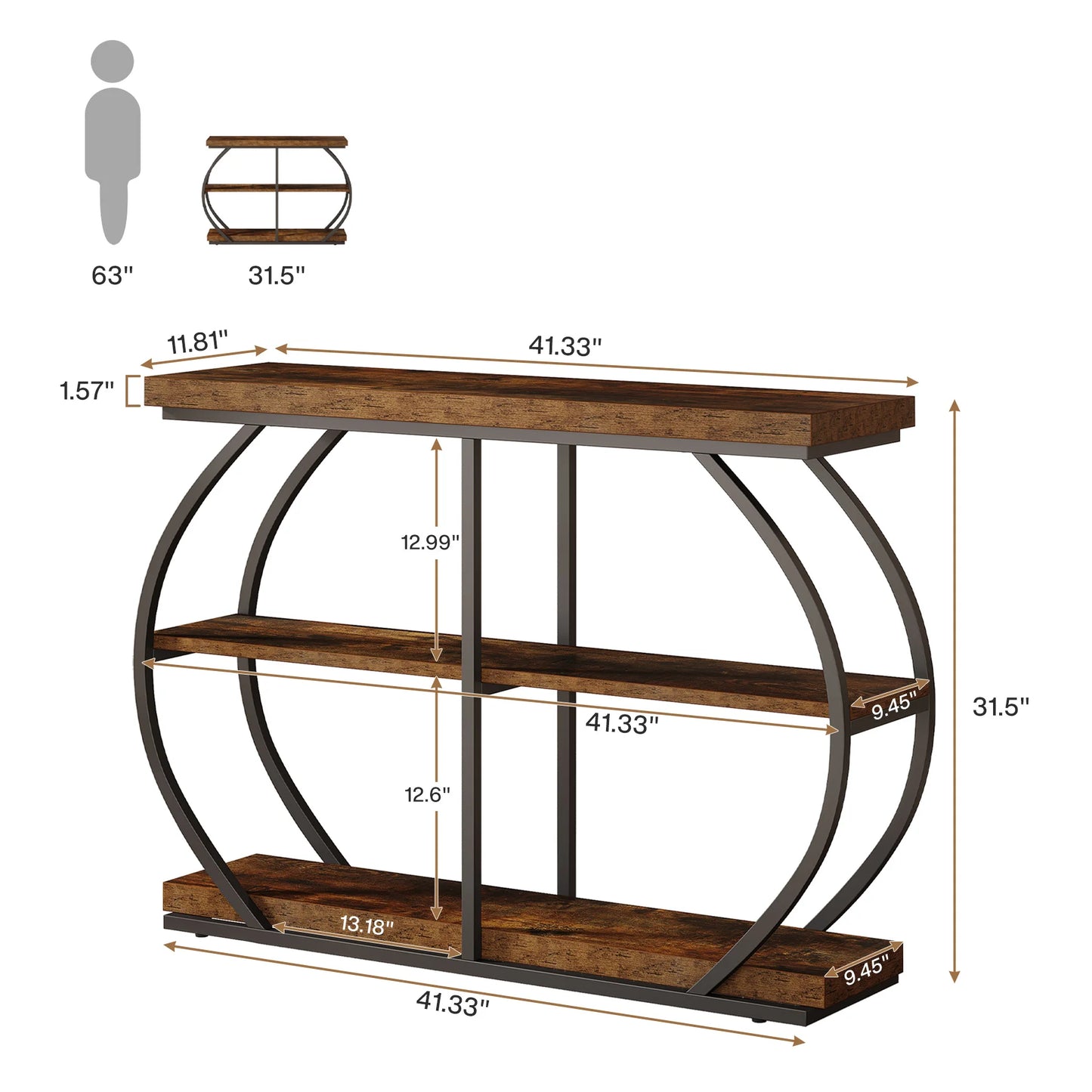 Tribesigns 41.3" Console Table, Industrial 3-Tier Entryway Table with Arched Metal Frame and Storage Shelves for Living Room