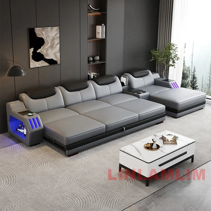 Modern Genuine Leather Massage Sectional Sofa Bed with Adjustable Headrests & LED Lights, Recliner Couch Set with Storage & USB