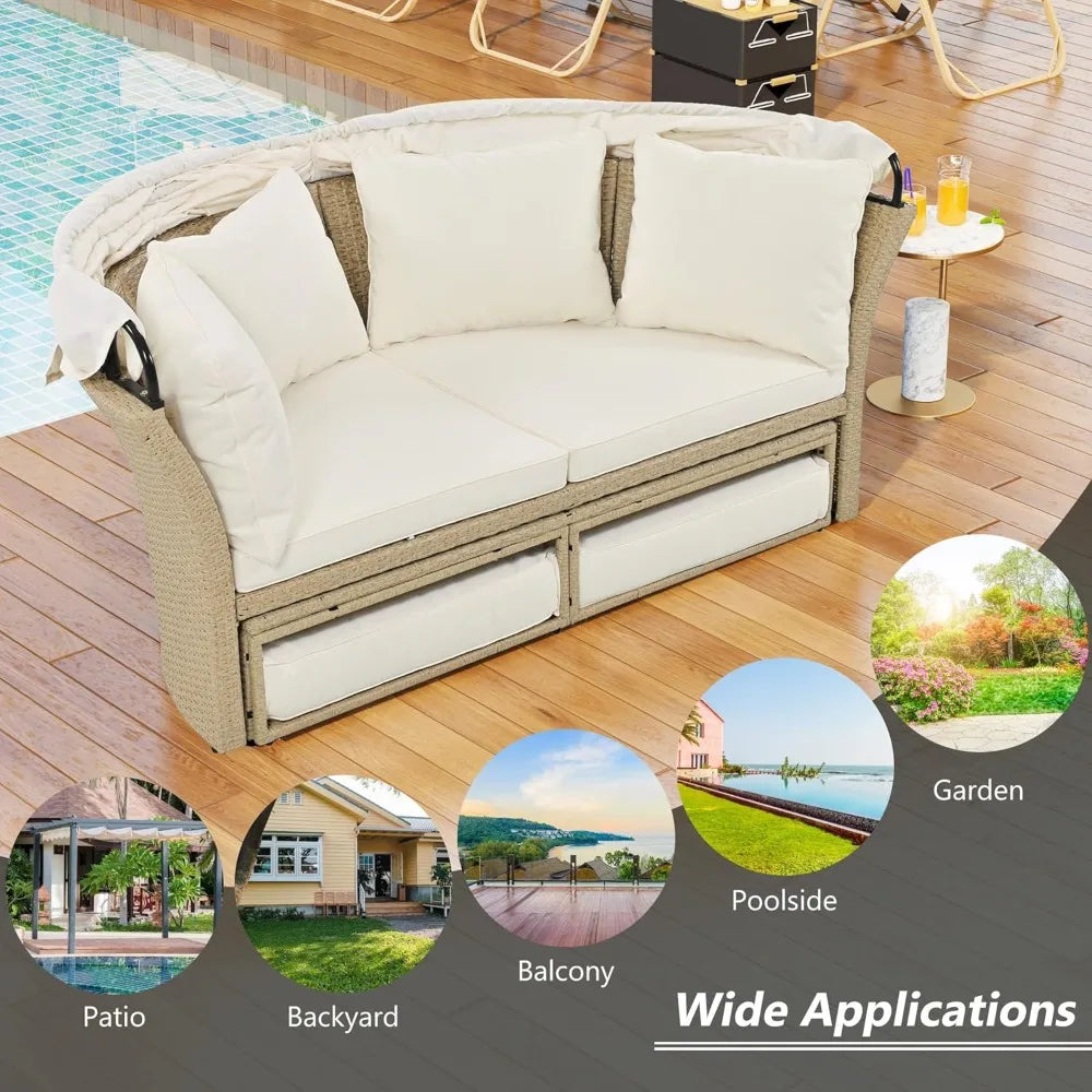 Outdoor Canopy Bed Patio Daybed with 4 Pillows, Wicker Rattan Double Daybed Round Sofa Furniture Set with Retractable Canopy, 2
