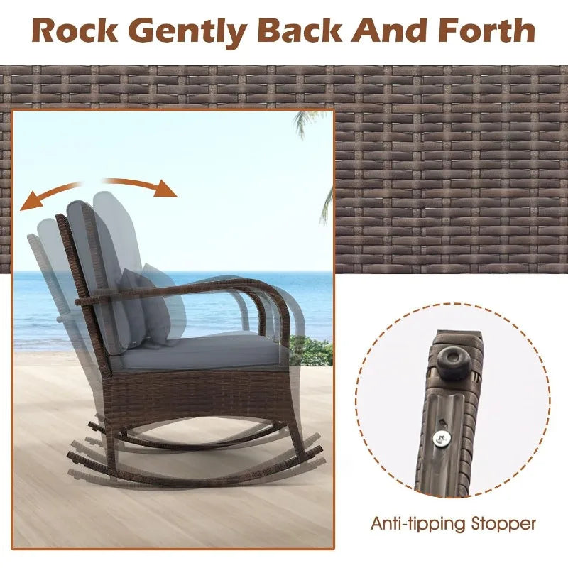 3 Pieces Patio Furniture Set, Outdoor Wicker Rocking Chairs with Cushions, Pillows, Glass Coffee Table, Rattan Bistro Ro