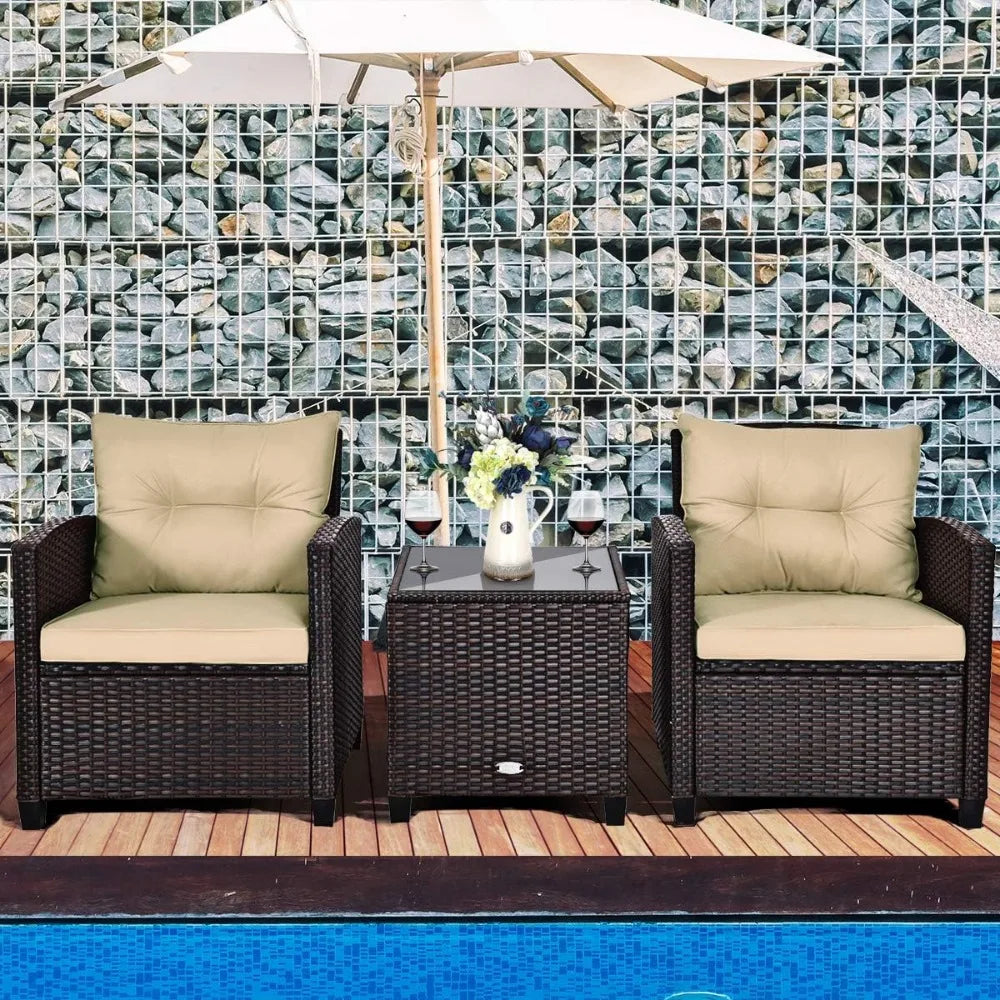 3-Piece Outdoor Patio Set with Washable Cushions & Tempered Glass Table, PE Rattan Furniture for Garden, Balcony