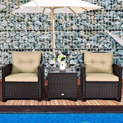 3-Piece Outdoor Patio Set with Washable Cushions & Tempered Glass Table, PE Rattan Furniture for Garden, Balcony