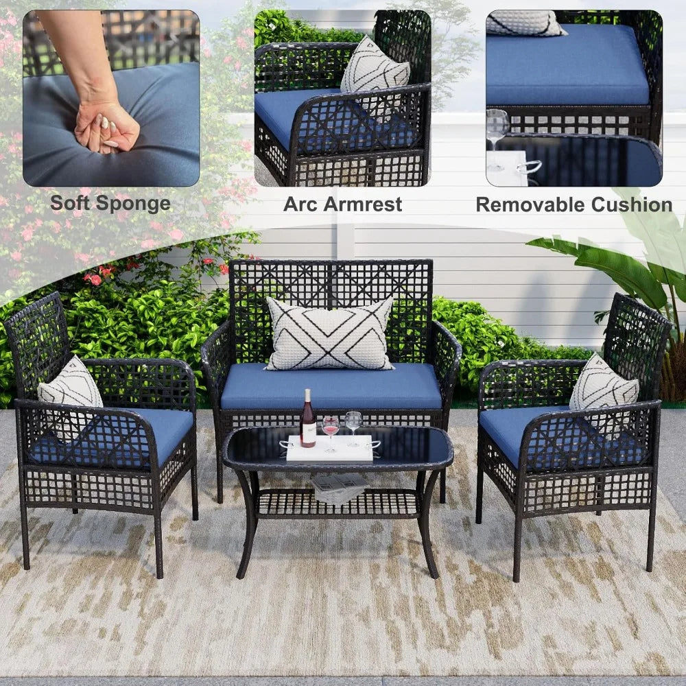 4 Pieces Patio Furniture Set, Outdoor Small Seating Conversation Sets Include Wicker Loveseat Sofa PE Rattan Chairs with Coffee