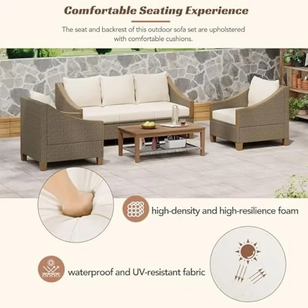 ad 4-Piece Furniture Outdoor Conversation Sofa Set with Wooden Coffee Table and Cushions Seating, 5 People Patio Couch Sectional