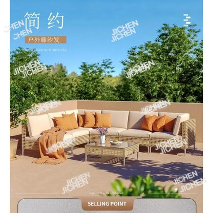 XJC Outdoor Rattan Sofa Combination Bed And Breakfast Balcony Courtyard Outdoor Open-air Garden Sun Room Leisure Small