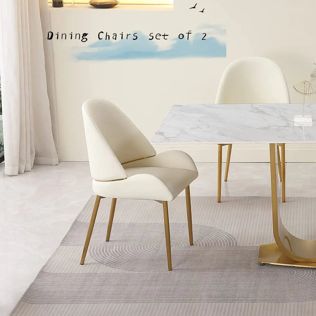 Dining Chairs Set of 2, Modern Cream White Faux Leather Chair with Gold Metal Legs and Ergonomic Curved Backrest, Customized