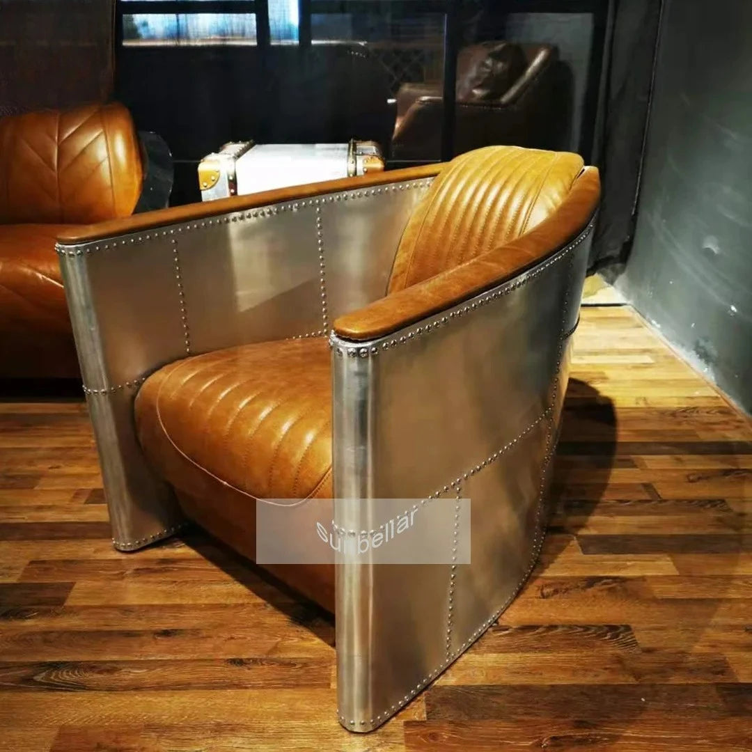 American Vintage Distressed Leather Armchair Hotel Sofa Accent Chair Aluminium Armrest Loft Aviation Chairs Aviation Furniture