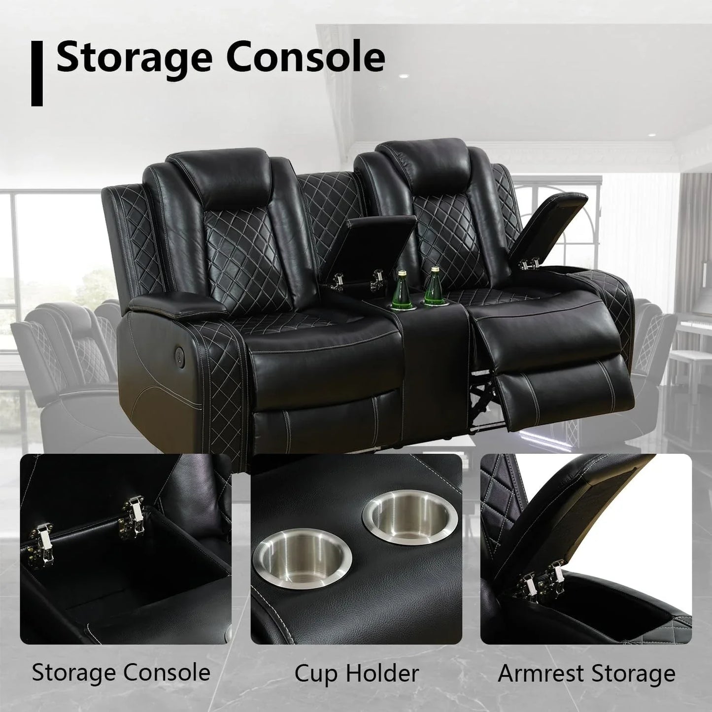 Power Recliner Sofa Set with LED Light for Living Room Furniture，Black Leather Reclining Sofa and Loveseat Set 3 Seater Sofa