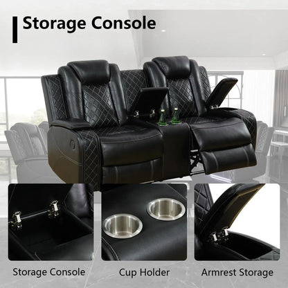 Power Recliner Sofa Set with LED Light for Living Room Furniture，Black Leather Reclining Sofa and Loveseat Set 3 Seater Sofa