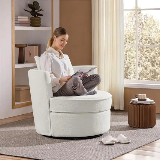 Swivel Accent Chair, 360 Degree Soft Boucle Swivel Barrel Chair, Upholstered Round Armchair with Pillow, Teddy Sofa Sherpa Chair