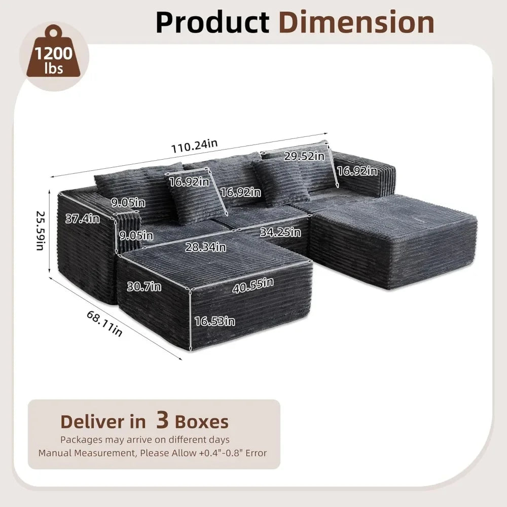 Cloud Sofa 110'' Modular Sectional Couch with 2 Movable Ottoman U Shaped Deep Seat Boneless Sofa for Living Room