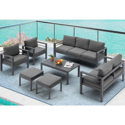 Aluminium modern patio furniture with coffee table, 7-piece outdoor conversation set, dark grey cushions, suitable for balcony