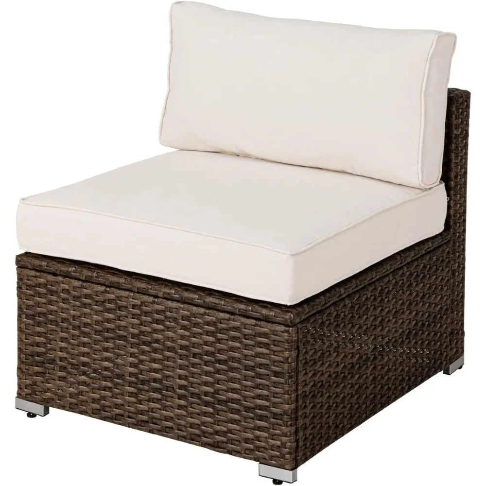 Outdoor Patio Furniture Wicker Armless Chair w Beige Cushion for Garden, Pool, Backyard