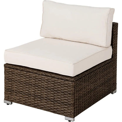 Outdoor Patio Furniture Wicker Armless Chair w Beige Cushion for Garden, Pool, Backyard