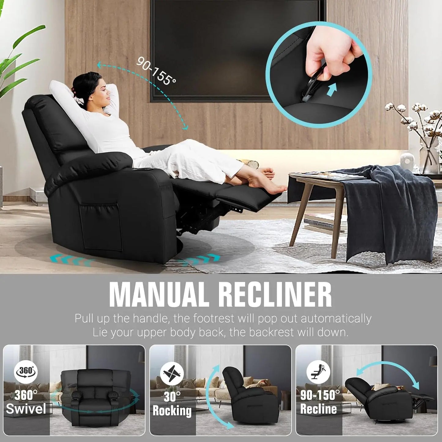Rocking Recliner Chair, Massage Rocker Recliner Chair with Vibration Massage and Heat, 360° Swivel Faux Leather Chairs, Living R