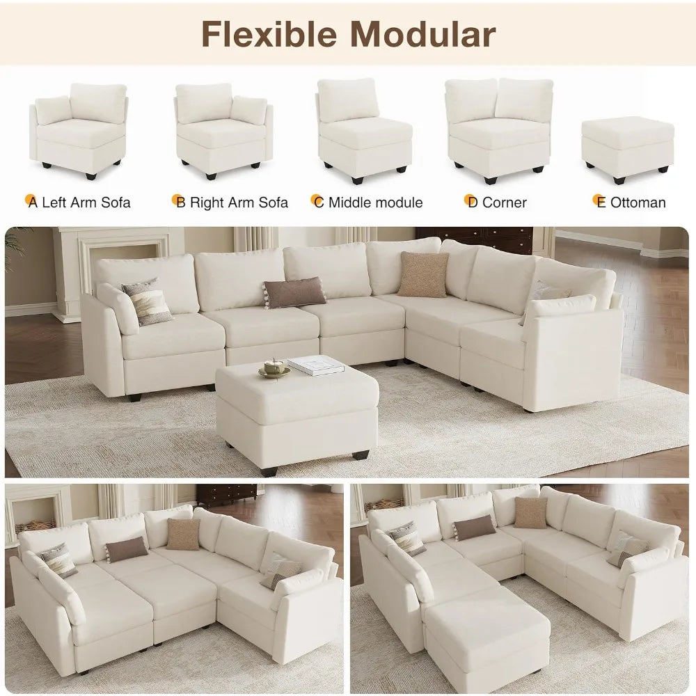 Modular Sectional Sofa Couches, Large Convertible Modular Couches with Storage, 7-Seater Sectional Sofa for Living Room, U Shape