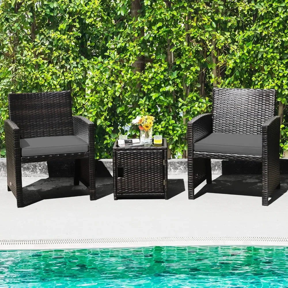 3 Piece Outdoor Bistro Set, PE Wicker Patio Conversation Set with Side Storage Table with Door, Soft Cushions and Pro