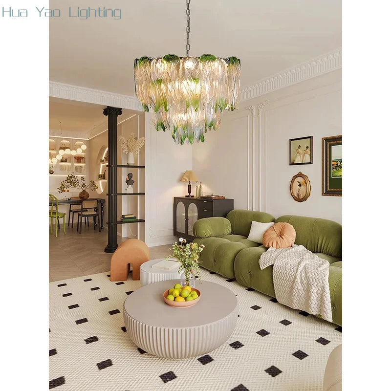 French Romantic Lustre Luxury Chandeliers Antique Designer Gradient Green glass LED Main lamps For Living Room