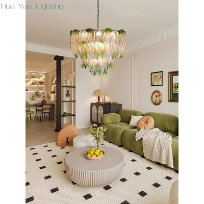 French Romantic Lustre Luxury Chandeliers Antique Designer Gradient Green glass LED Main lamps For Living Room